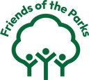 Logo for Friends of the Parks showing three stylized people with raised arms forming the trunk and branches of a tree, with the text curved above the image.