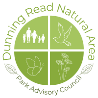 Logo for Dunning Read Natural Area Park Advisory Council, featuring silhouettes of a family, bird, butterfly, and flowers within a green circular design